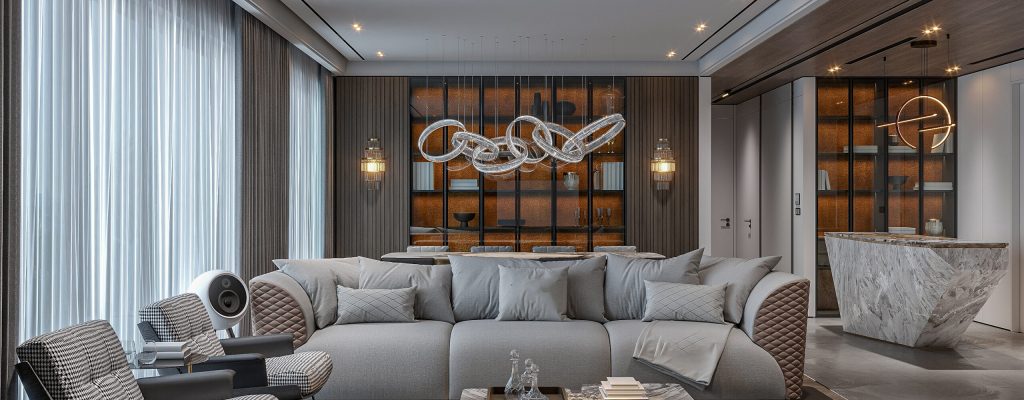 3d rendering gray sofa and luxury living room, balcony view from the living area.