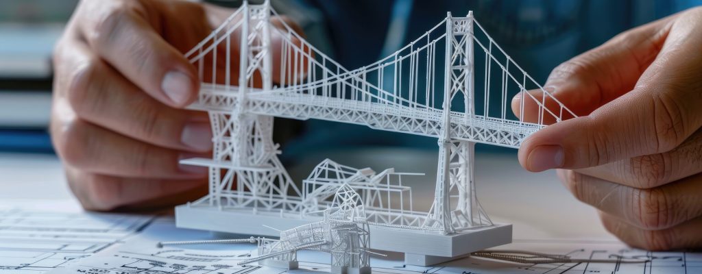 Architect holding 3D printed bridge model