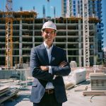 a cover photography, body and face photo, a contractor in construction smiles confidently. He is standing with his arms folded in front of a building in construction. He is wearing a formal blue suit and a white helmet at the end of a sunny day. he is standing in a construction site with one construction crane in the middle of a green park. The scene is meticulously detailed, with cinematic lighting emphasizing the machinery, the precise architectural details, and the organized chaos of the construction site. hyper realistic, 35mm, detailed, intricate Job ID: 6757053b-1319-4f79-b35c-2ac00f821f15