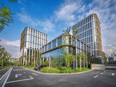Elegant Business Complex with Green Spaces