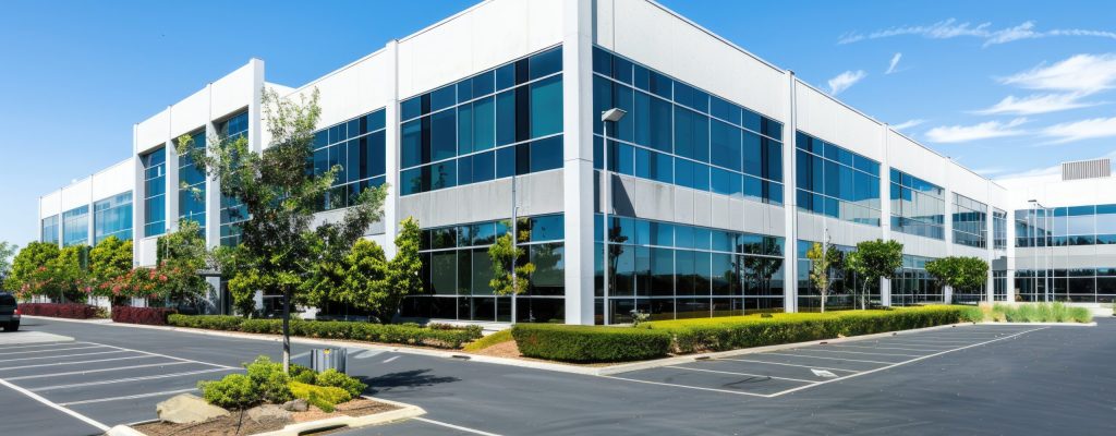 A view of a corporate office building, with a large parking lot